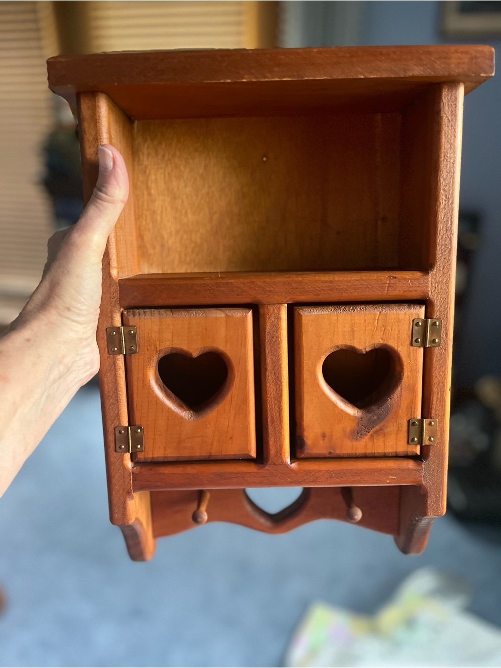 Wooden Wall Cabinet with Heart Cutouts - Warm Honey Brown